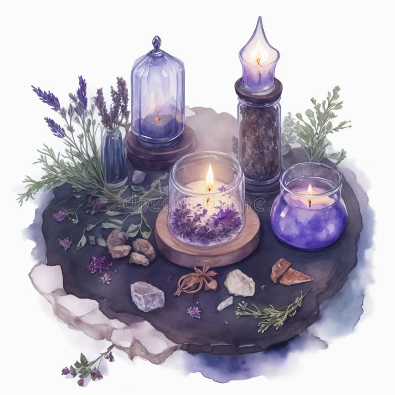 Illustration with Candles in Glass Vessels and Dry Herbs Stock