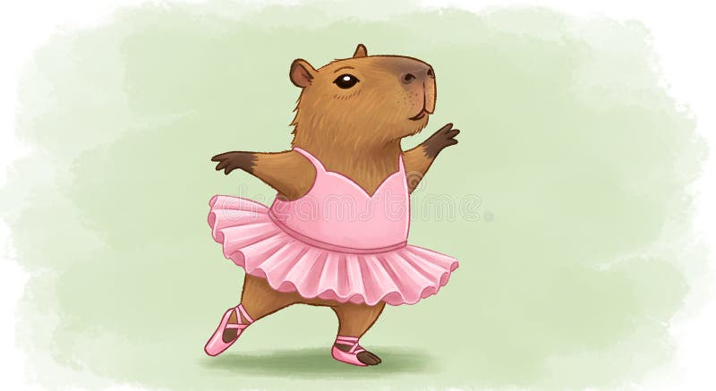 An illustration of a capybara wearing a pink ballet tutu and shoes, poised in a vector illustration