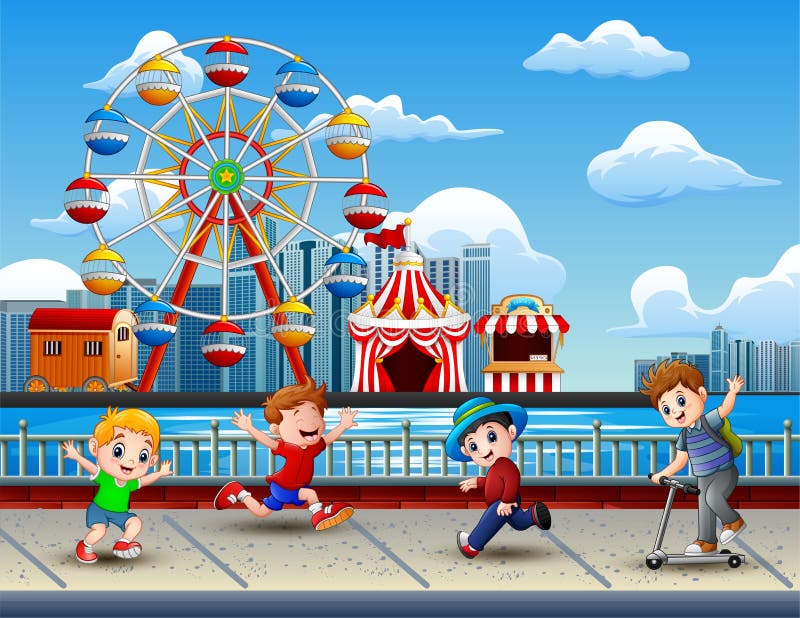 Cartoon of Children Having Fun on the Lakeside with Amusement Park  Background Stock Vector - Illustration of game, countryside: 133335107
