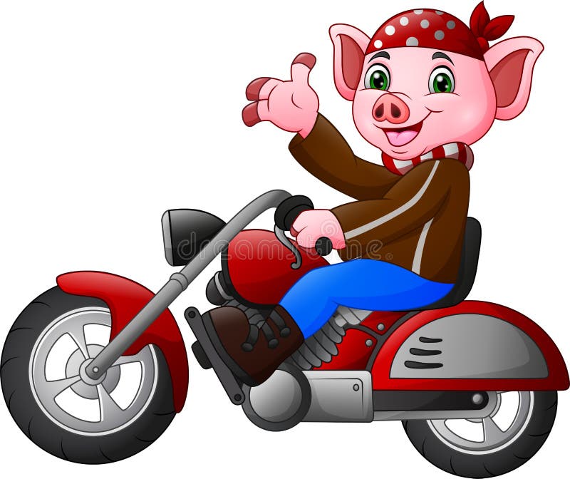 Cartoon funny Pig riding a motorcycle