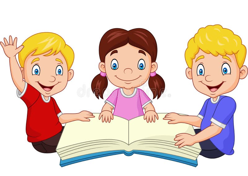 Cartoon Happy Kids Reading a Book Stock Vector - Illustration of library,  book: 123347079