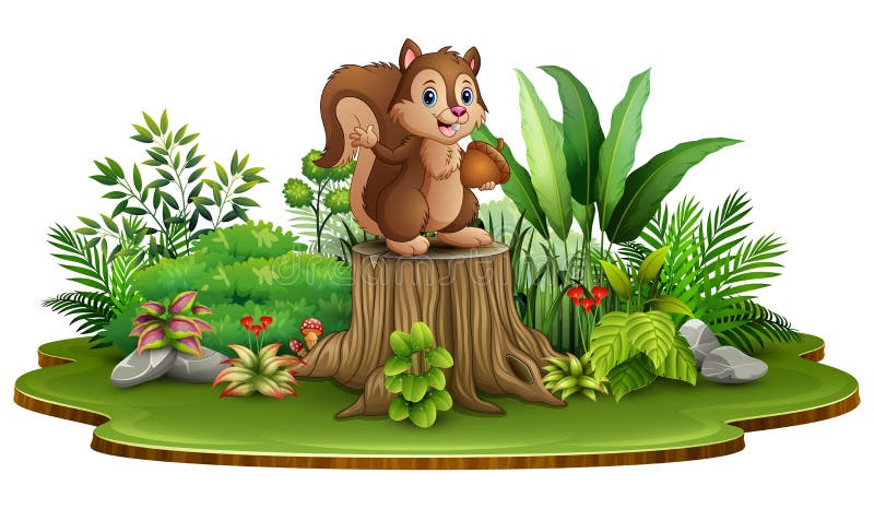 Cartoon happy squirrel holding pine cone and standing on tree stump with green plants