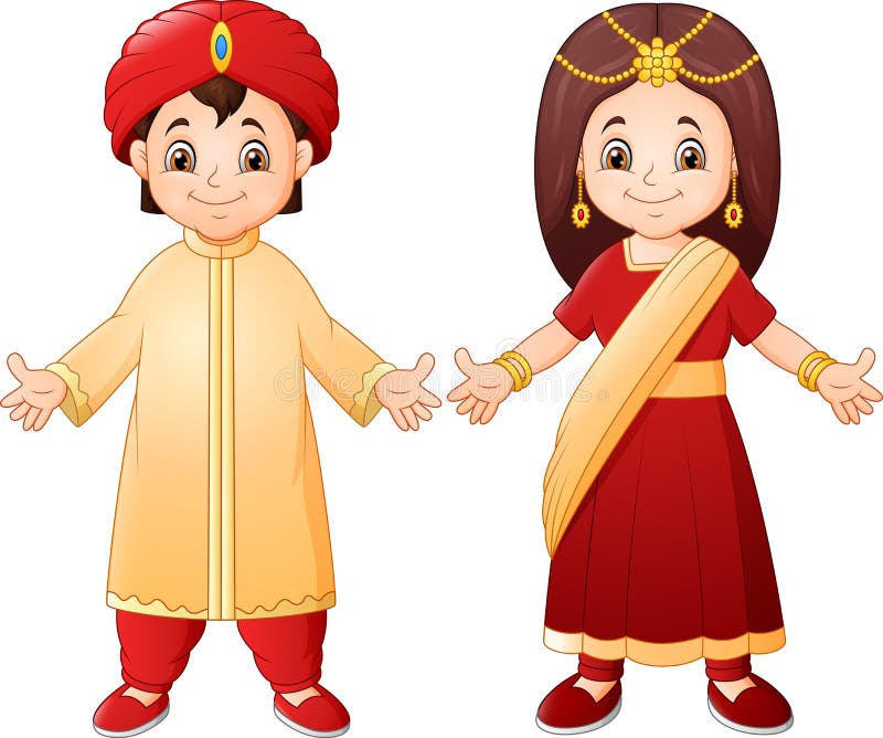 Illustration of Cartoon Indian couple wearing traditional costume.