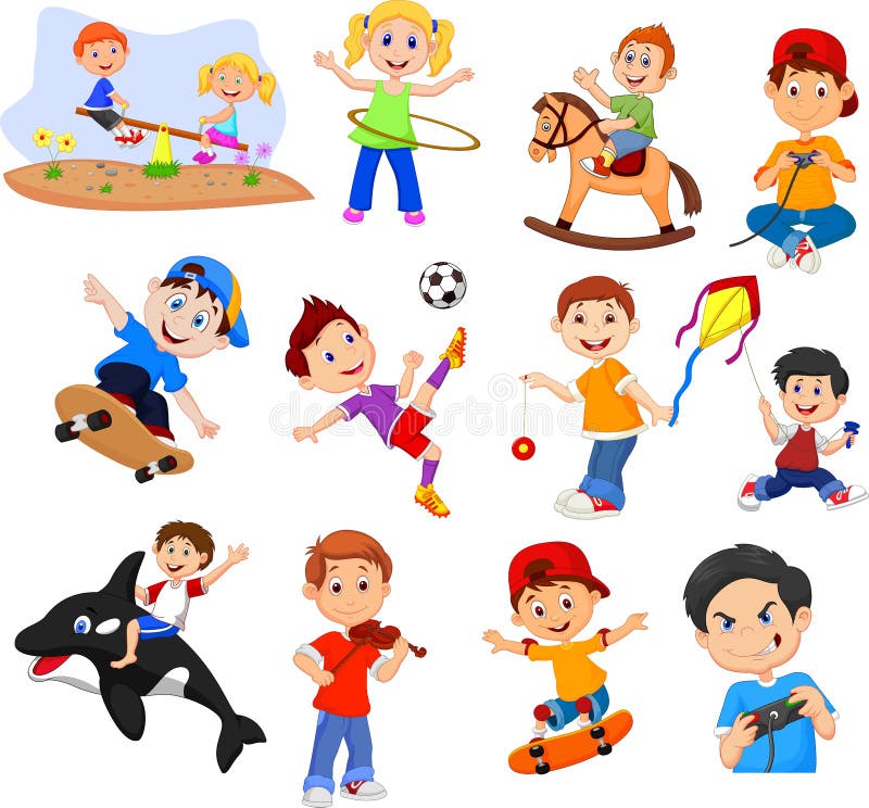 Cartoon kids with different hobbies on a white background 