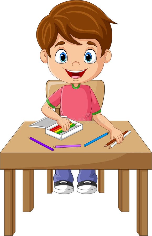 Cartoon Little Boy with Pencils on the Desk Stock Vector - Illustration ...