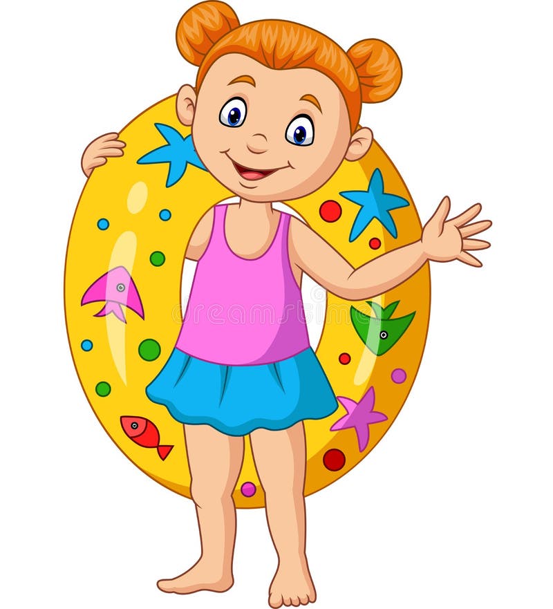 Cartoon Little Girl with Inflatable Ring Stock Vector - Illustration of ...