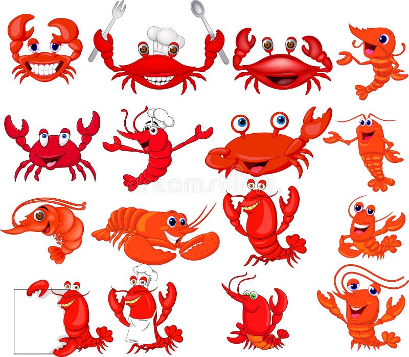 Illustration of Cartoon shrimp and crab collection set