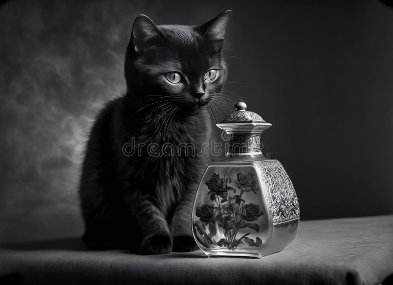 Cat and Perfume, Creative Digital Illustration Painting Stock