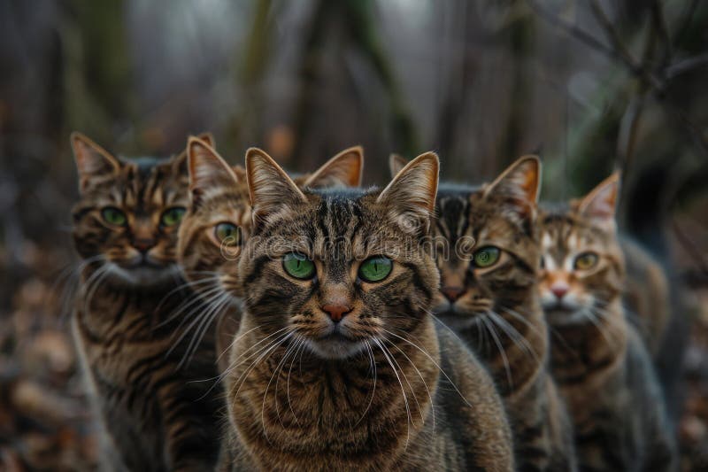 Cats in a row with their eyes wide open stock photo vector illustration