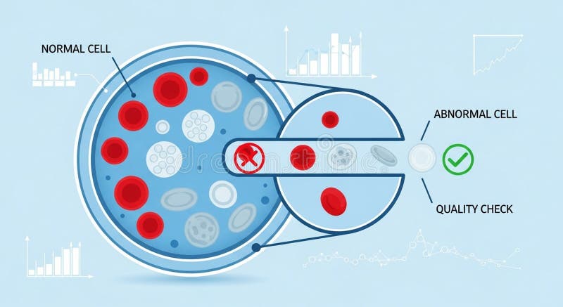 Illustration of a cell sorting process. A large circle labeled "Normal Cell" contains various red and grey circular shapes, representing a mix of normal and abnormal components. A smaller section filters out abnormal cells, indicated by a red cross, while normal cells pass through, marked with a green check. Bar graphs and line charts in the background suggest data analysis. The design uses shades of blue, red, and grey, emphasizing a scientific and analytical theme. Normal cross illustrations