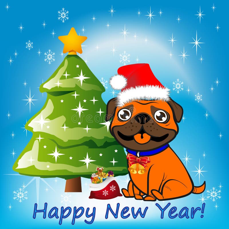 Illustration, chien orange de Noël se reposant près d'un arbre de Noël illustration libre de droits Illustration, chien orange de Noël se reposant près d'un arbre de Noël illustration libre de droits