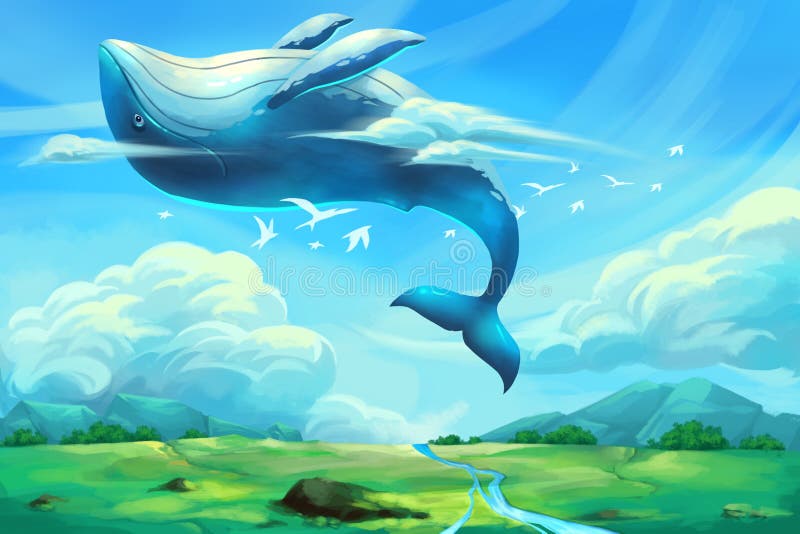 Illustration For Children: The Huge Dancing Whale in the Clear Blue Sky.