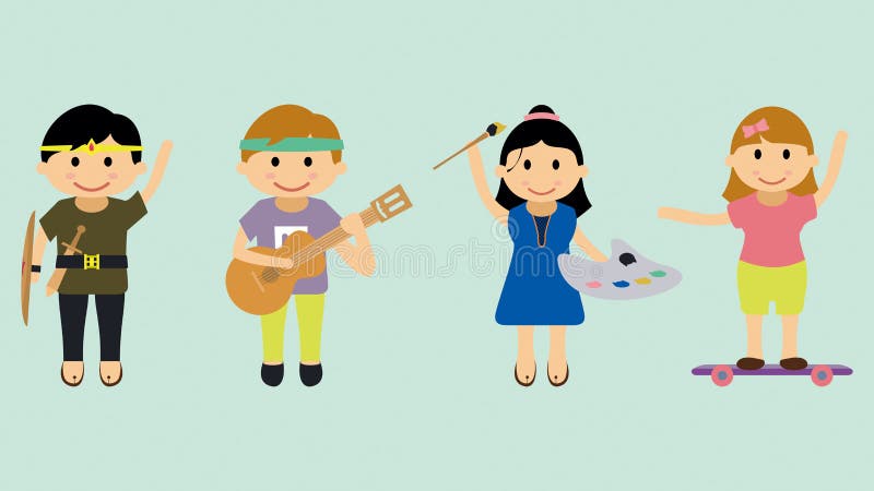 Illustration of children with various hobbies and activities. With a light blue background, characterizes children`s happiness. Being a knight, a musician, a royalty free illustration