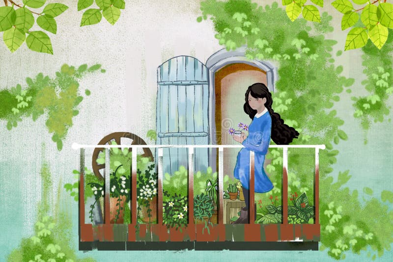 Illustration for Children: The Young Girl stays in Her Balcony Garden, Enjoy Visiting her Flower Friends.