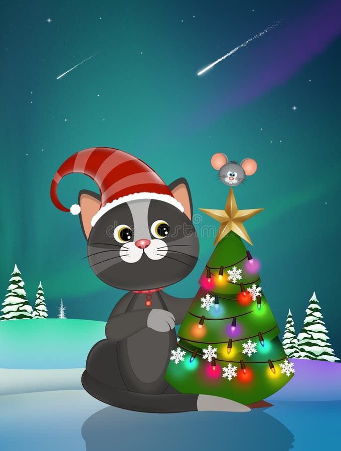 Illustration of Christmas Kitten with Tree Stock Illustration