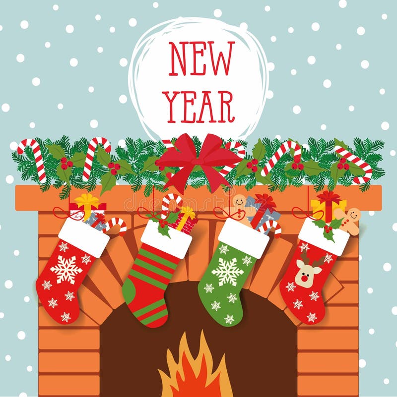 Illustration of Christmas socks with gifts on the background of the fireplace.