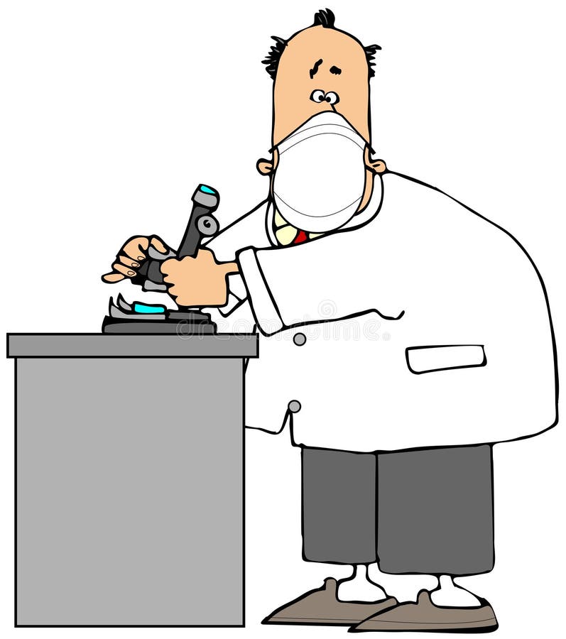 Chubby scientist using a microscope and wearing a face mask. stock illustration