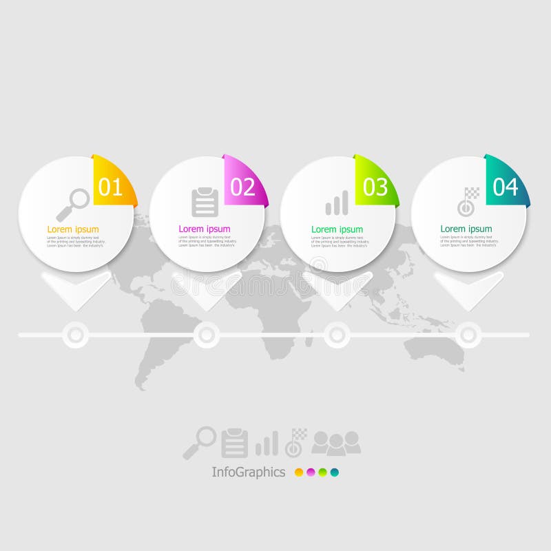 Illustration of circle infographic elements layout 4 steps with world map for business presentation vector background. Illustration of circle infographic elements layout 4 steps with world map for business presentation vector background