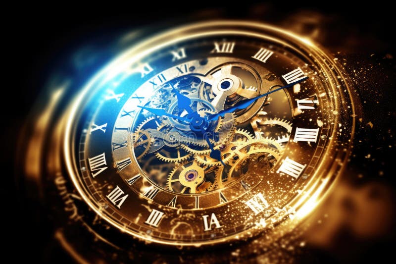 Illustration of a close-up image of a clock, with a clock mechanism on a black background stock photos