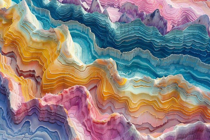 Illustration of Illustration of closeup of colorful rock formations in the desert, with intricate patterns and textures that resemble ripples on water or waves crashing against rocks. the colors include pastel pinks, blues, oranges, yellows, and purples, creating an abstract but realistic texture that resembles natural artistry.. This illustration is generated with the use of an AI.