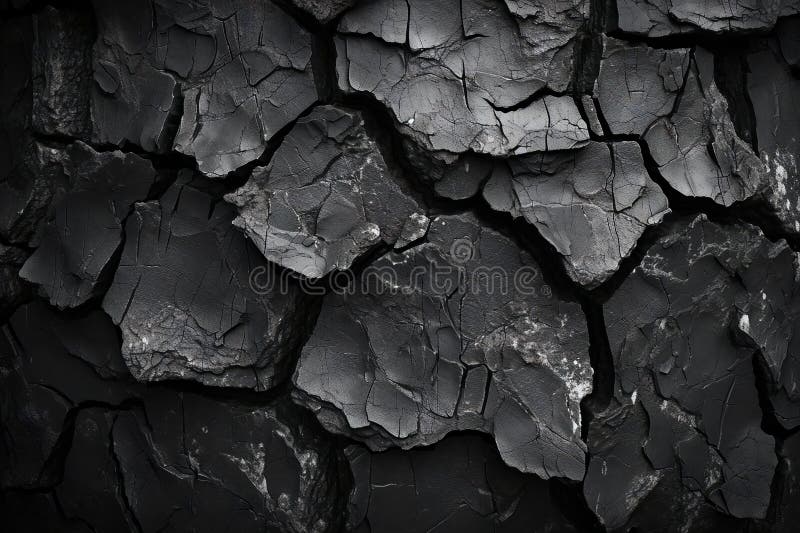 Closeup of cracked black coal texture background, Black and white vector illustration.