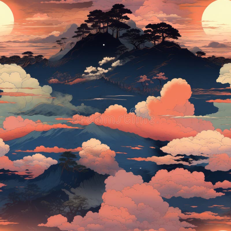 An Illustration of Clouds and Trees in the Sky Stock Illustration