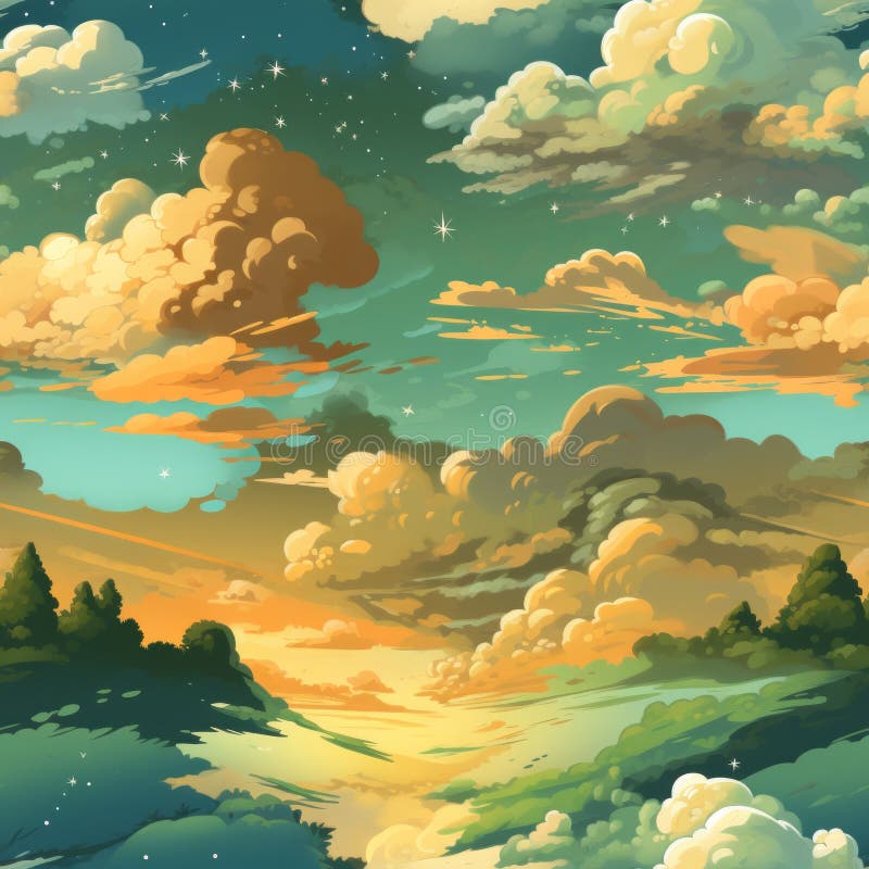An Illustration of Clouds and Trees in the Sky Stock Illustration