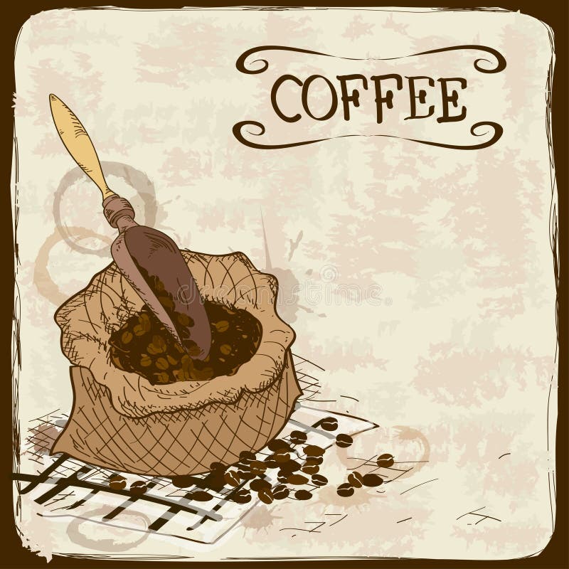 Illustration with coffee beans, bag and scoop