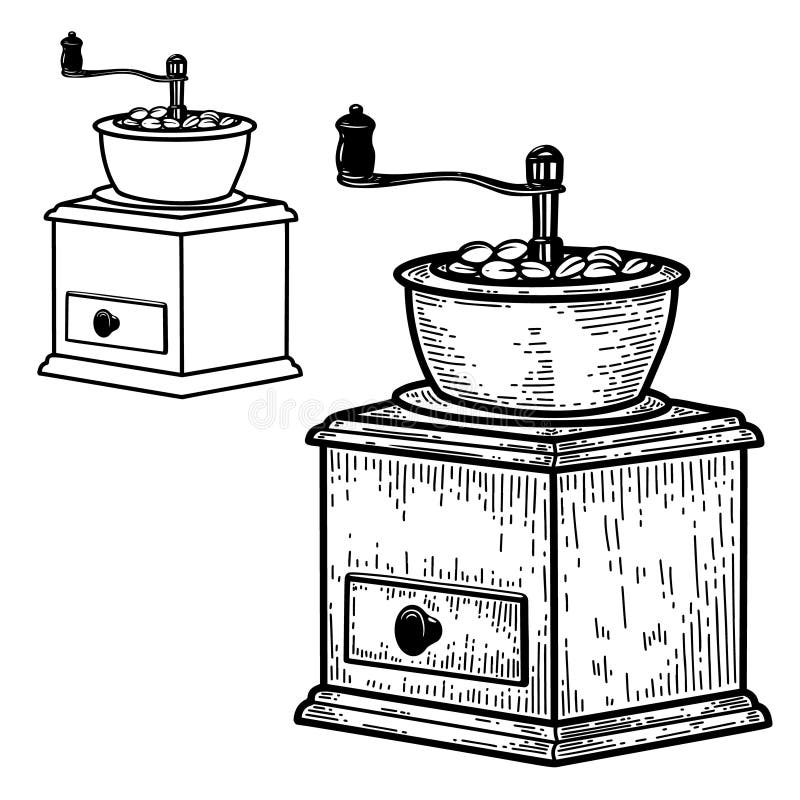 Illustration of Coffee Mill in Engraving Style. Design Element for Logo
