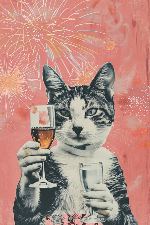 Ilustrare în stilul colajului cu pisici care beau vin la o petrecere. colecție creativă unică vector illustration