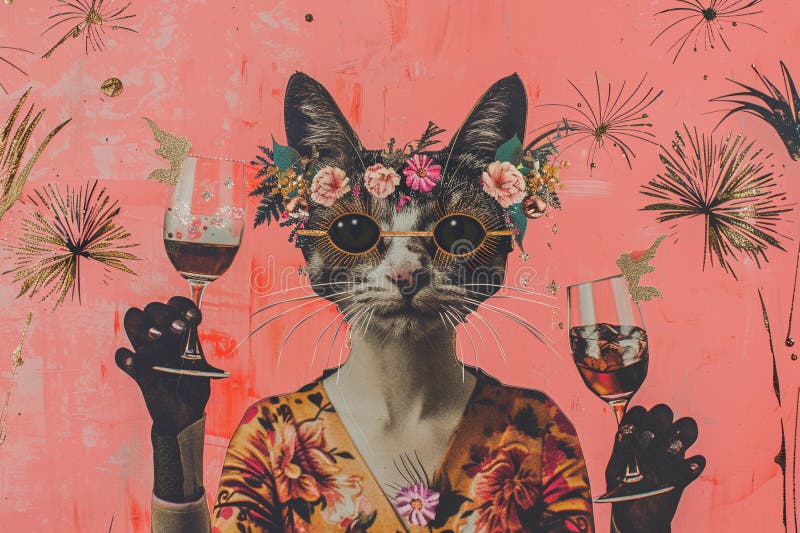 Ilustrare în stilul colajului cu pisici care beau vin la o petrecere. colecție creativă unică vector illustration