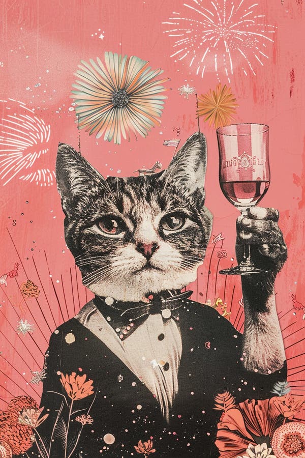 Ilustrare în stilul colajului cu pisici care beau vin la o petrecere. colecție creativă unică stock illustration