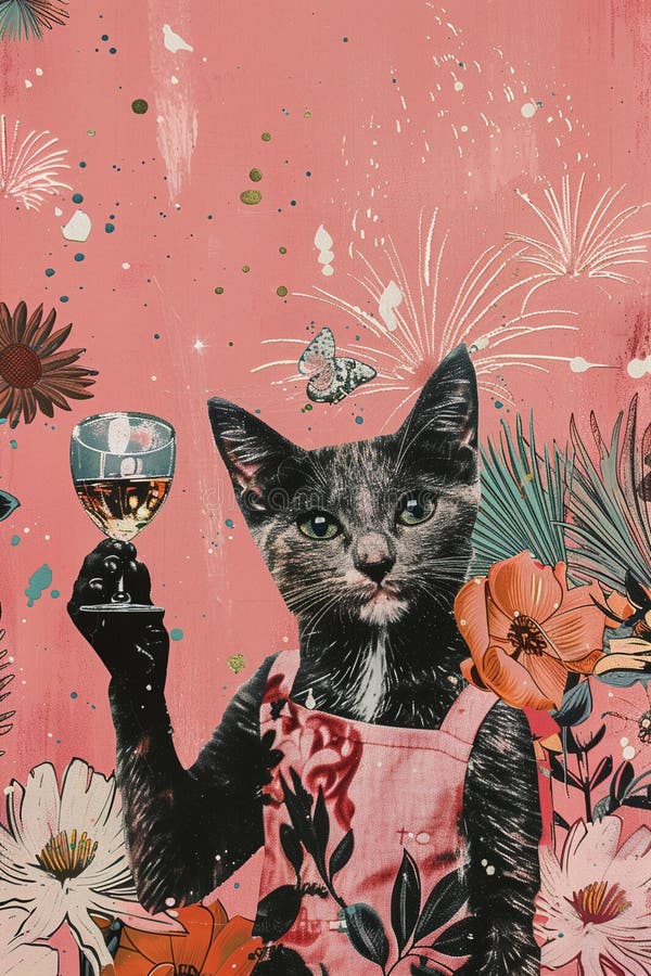 Ilustrare în stilul colajului cu pisici care beau vin la o petrecere. colecție creativă unică vector illustration