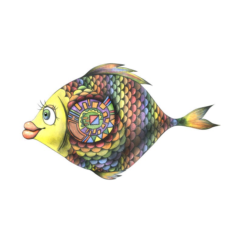 Illustration with colored pencils rainbow fish, abstraction. Cartoon, children&#x27;s, bright. For posters, postcards prints patterns