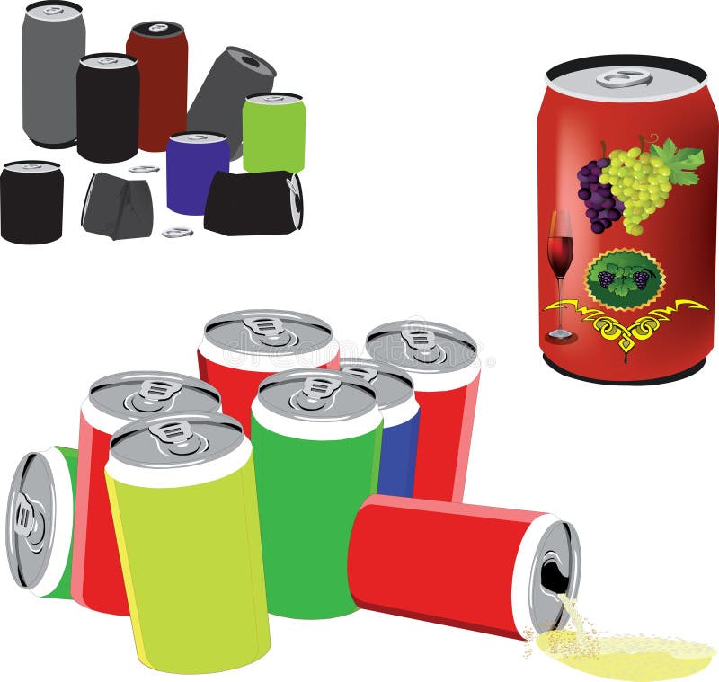 Colorful Soda Cans Standing in Two Raws on White Background Stock