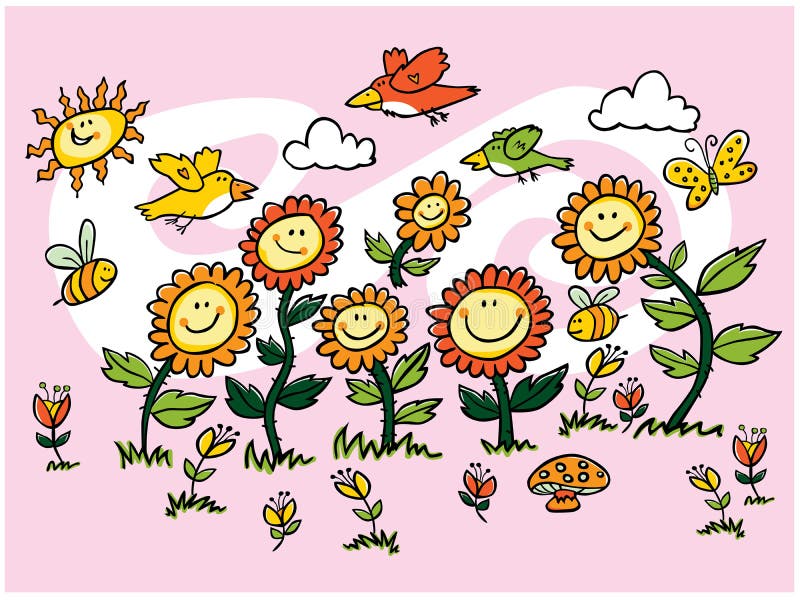 Illustration colorée de tournesols, d'oiseaux et d'abeilles de bande dessinée de vecteur Approprié aux cartes de voeux et aux pei illustration de vecteur Illustration colorée de tournesols, d'oiseaux et d'abeilles de bande dessinée de vecteur Approprié aux cartes de voeux et aux pei illustration de vecteur