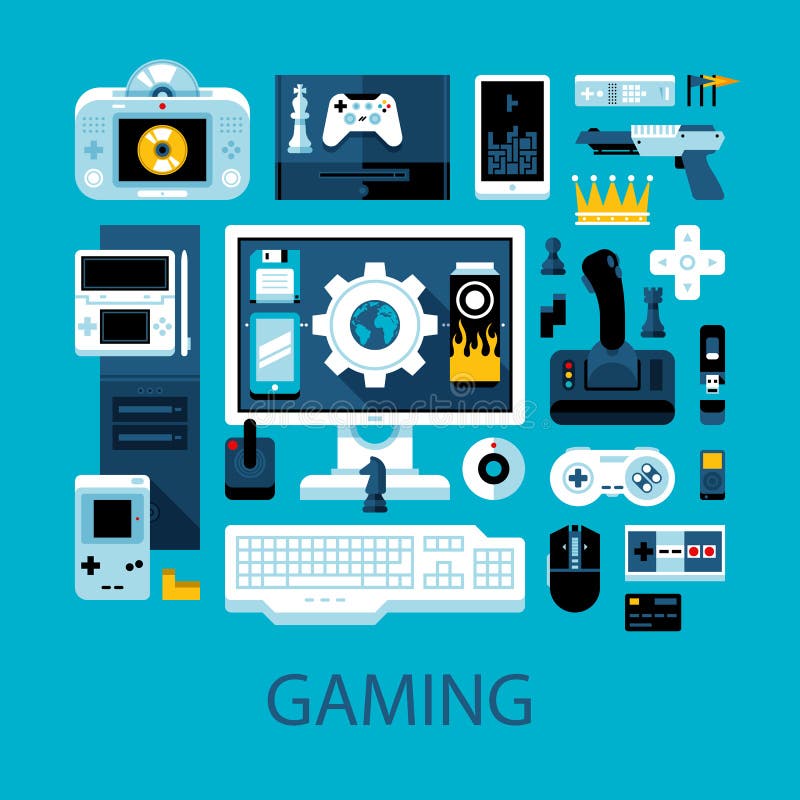 Illustration colorée plate au sujet des jeux vidéo, des gamers et de divertissement électronique illustration de vecteur Illustration colorée plate au sujet des jeux vidéo, des gamers et de divertissement électronique illustration de vecteur