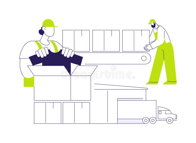 Illustration concept abstrait de l'emballage de vêtements. groupe ouvriers de l'usine emballage vêtements dans les boîtes industrie légère textile et tissus secteur habillement fabrication abstraite métaphore.