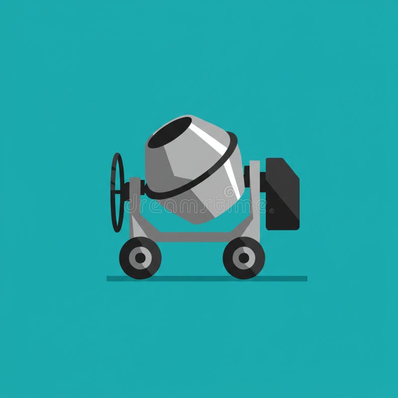 An illustration of a concrete mixer with a drum and a handle on wheels, set against a vector illustration