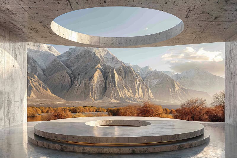 Illustration of concrete room with a circular shaped floor, high quality, high resolution stock illustration.