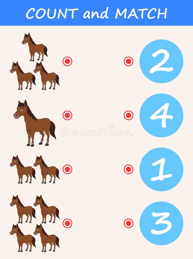 Count and match horse cartoon. Math educational game for children stock illustration Count and match horse cartoon. Math educational game for children stock illustration