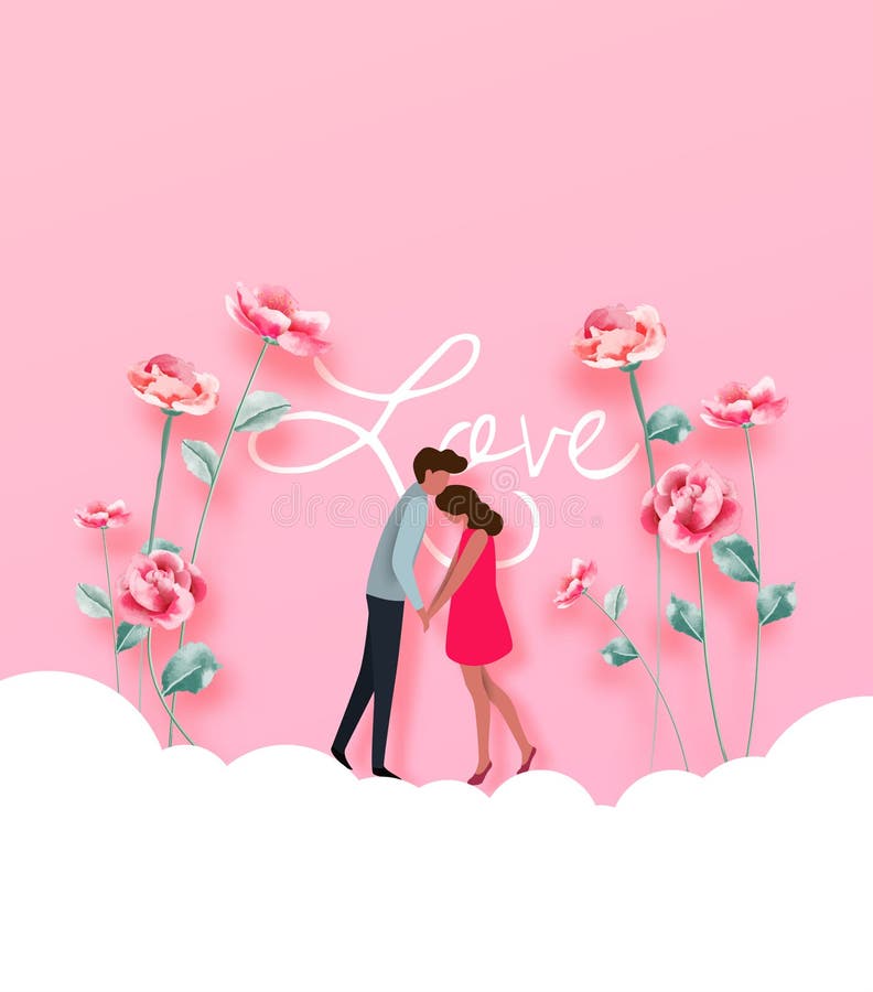Illustration of Couple with 3d Flower. Love Concept, Valentine`s Day  Background. Vector Illustration Stock Illustration - Illustration of  people, nature: 135766392