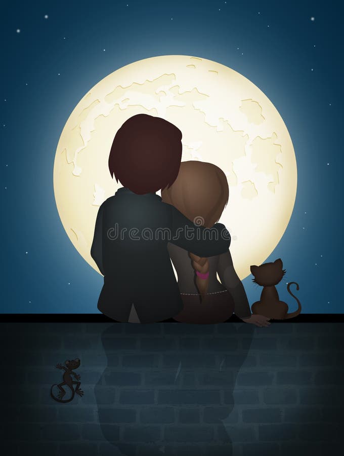 Couple Sitting on the Wall in the Moonlight Stock Illustration -  Illustration of young, kiss: 168693742