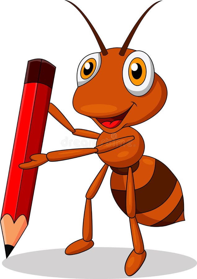 Cute ant cartoon holding a red pencil