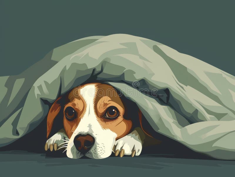Illustration of a Cute Beagle Dog Hiding Under a Blanket. Generative AI