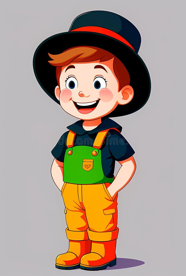 Illustration of Cute Cartoon Boy in Hat and Overalls. Generative AI