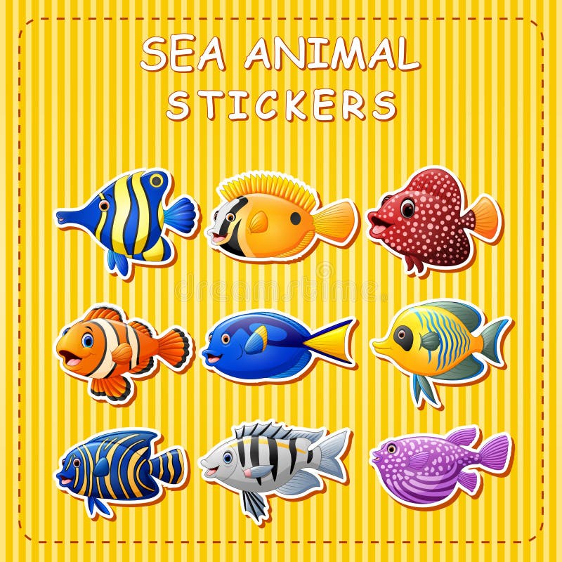 Cute cartoon sea animals on sticker stock illustration