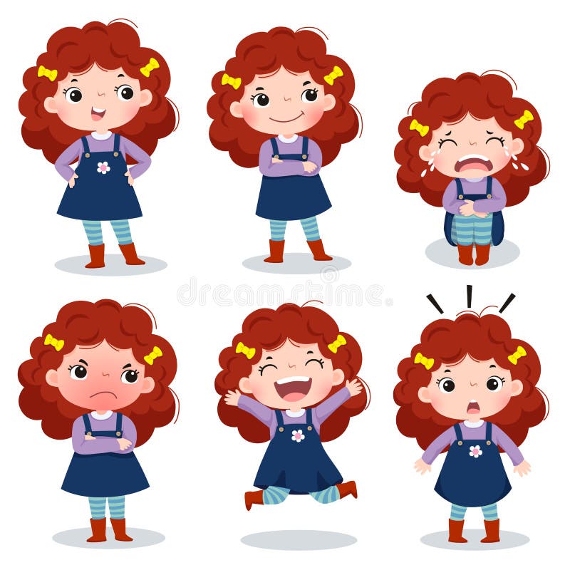 Illustration of cute curly red hair girl showing different emotions