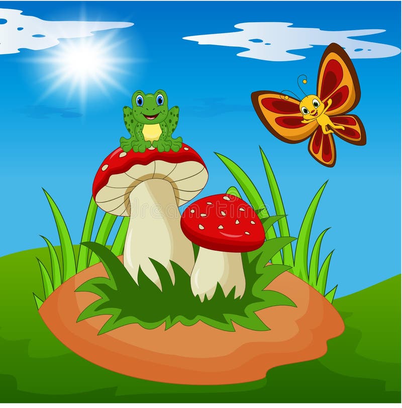 Cute frog and butterfly cartoon with mushroom royalty free illustration Cute frog and butterfly cartoon with mushroom royalty free illustration