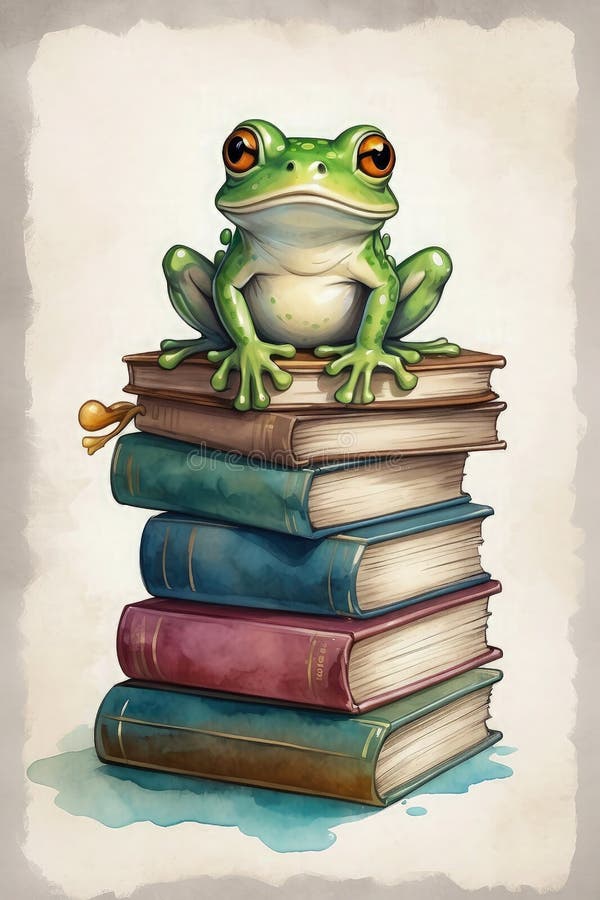 illustration of a cute frog sitting on a pile of books